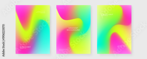 Collection of three vibrant posters with neon pink yellow and cyan green mesh gradients
