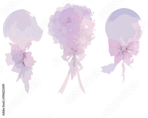 Ilustração em aquarela de buquês de flores e balões lilás com laços elegantes em um fundo branco minimalista e artístico.