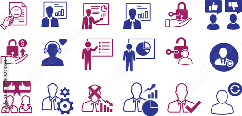 Diverse collection of business, presentation, data analysis, and user management icons for professionals
