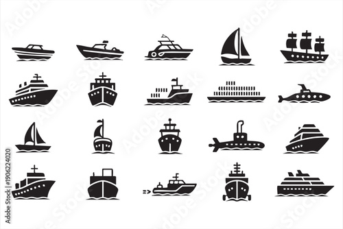 Maritime vessel silhouette icons with ships and boats