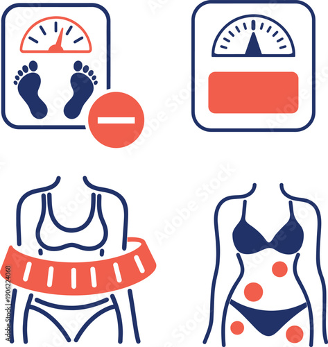 Four outline icons representing various health and body issues including weight and skin conditions