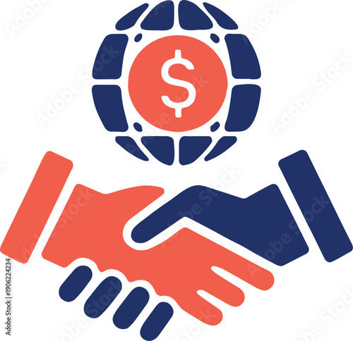 Icon illustrating a handshake beneath a dollar sign globe, symbolizing global business partnership and finance