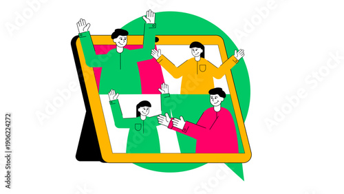 A digital tablet screen showing a team of four people having a collaborative video conference