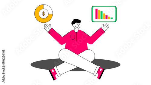 Entrepreneur sitting cross-legged managing digital charts and data