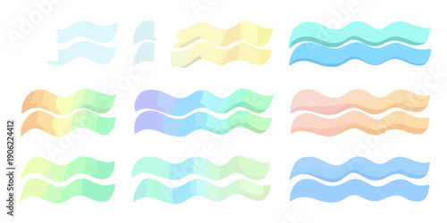 Conjunto de fitas onduladas coloridas e transparentes em tons pastéis para design gráfico e elementos decorativos modernos sobre fundo branco isolado.
