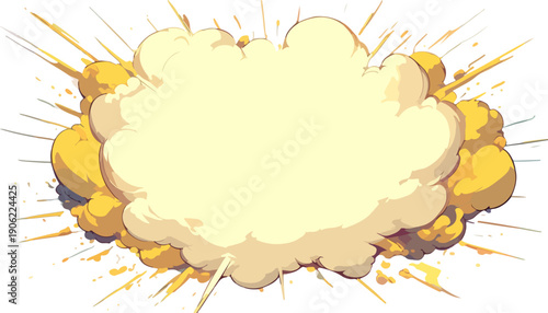 Ilustração de uma explosão de fumaça em estilo cartoon com tons amarelos e linhas de impacto dinâmicas isolada em fundo branco transparente.