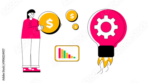 Businesswoman launching a lightbulb rocket symbolizing new ideas