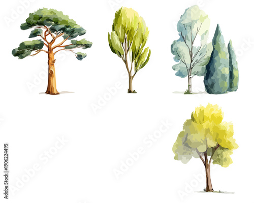 Coleção de ilustrações em aquarela de diferentes espécies de árvores isoladas em fundo branco transparente para design gráfico e paisagismo.