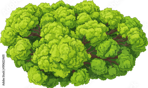 Arbusto verde vibrante em estilo cartoon com galhos visíveis e fundo transparente, perfeito para elementos de jogos e ilustrações de jardim.