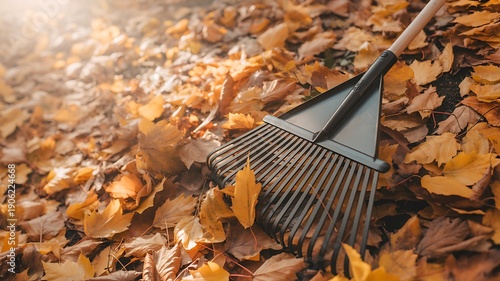  Rake lying in a pile of autumn leaves on the ground.