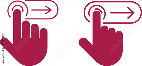Maroon hand performing a swipe gesture with an arrow, indicating touchscreen interaction or navigation