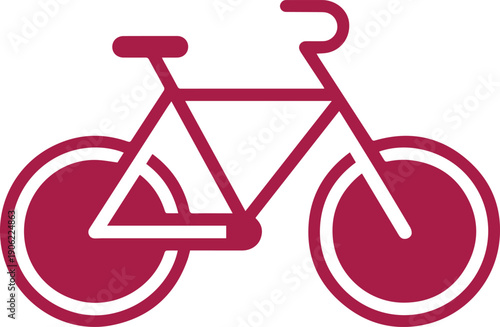 Simple vector icon of a classic two wheeled bicycle in a single bold red color on white