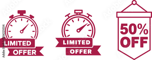 Three deep red promotional icons signify a limited time offer and a generous fifty percent discount