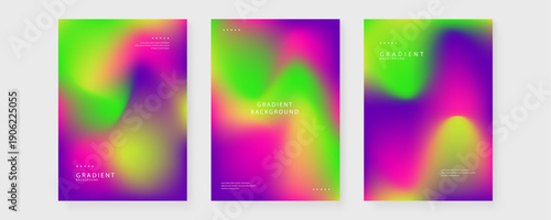 Collection of three vertical posters featuring organic liquid fluid shapes in vivid green and magenta hues