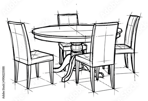 Hand drawn line art dining furniture set featuring a round table and four chairs for interior design concepts