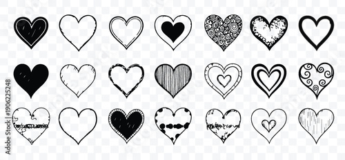 A Diverse Collection of Hand-Drawn Heart Illustrations in Various Styles and Fillings