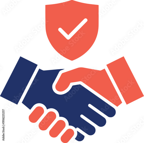 Two hands shake with a shield and checkmark icon above, symbolizing secure agreement or trusted partnership