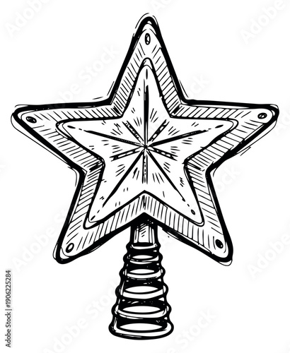 Hand drawn line art illustration of a Christmas tree topper depicting a festive star decoration for the holiday season