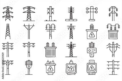 Electricity transmission outline icons for power industry