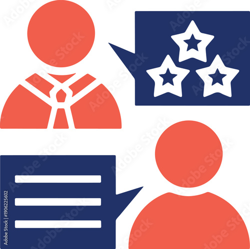 Two stylized people engage in communication, with one receiving star ratings and the other providing textual feedback