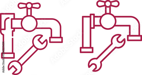 Two simple maroon icons showing a plumbing faucet with a wrench for repair