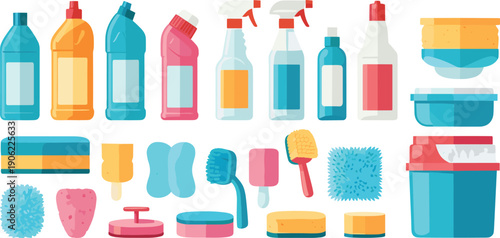 Cleaning supplies and household hygiene tools illustration set with bottles, sponges and brushes, colorful flat design, home cleaning vector collection