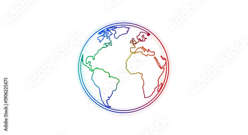 Vibrant rainbow gradient outline of the world globe with continents on a pure white background