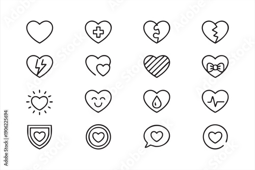 Romantic heart outline icons for love themes