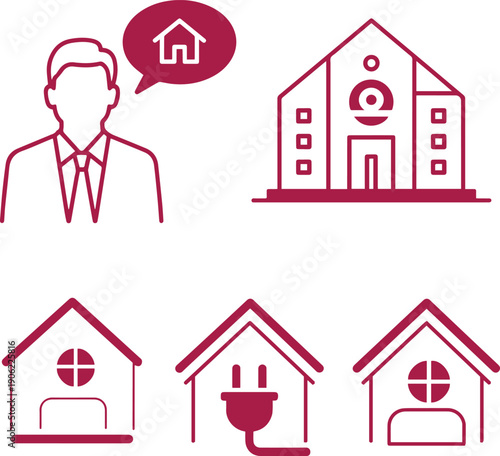 Various deep red real estate and home icons featuring a person and energy saving concepts