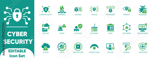 Cyber Security editable solid icon set.data security,network security,privacy,IT professionals,and vector.
