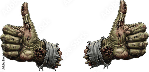 Zombie hands giving thumbs up, creepy undead gesture, horror illustration, spooky Halloween concept, comic style monster design