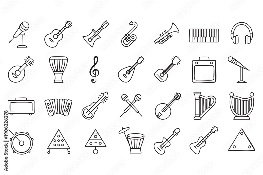 Obraz premium Musical instrument outline icons for studio and recording