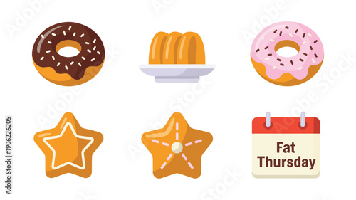 Fat Thursday bakery icons with glazed donuts, bundt cakes, star cookies, calendar badge, pastry festival graphics for celebration marketing