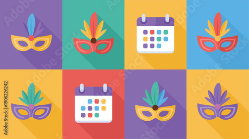Colorful masquerade masks pattern, monthly event calendar squares, carnival poster background, party branding template, parade announcement graphics vector set
