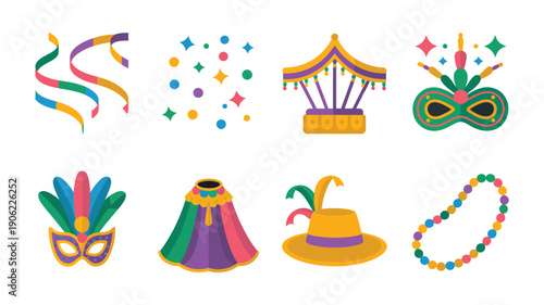Carnival parade costume pieces, confetti swirls, feather headpiece, masquerade mask, cape and hat, bead necklace, party celebration vector collection