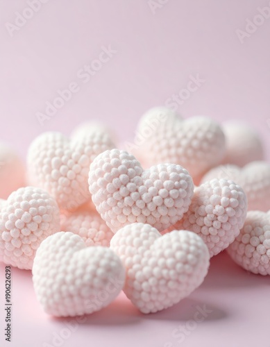A pile of soft, pink heart-shaped objects on a pink background.