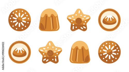 Cookie icons vector set with butter cookies, ring biscuits, bundt cakes, star shapes, sugar sprinkles, bakery dessert graphics for packaging