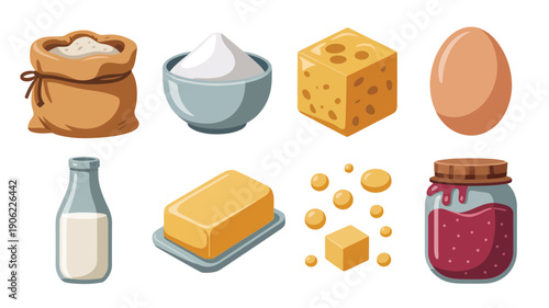 Bakery pantry ingredient vector set with flour bag, cheese block, egg, sugar bowl, milk bottle, butter slab, jam jar, cubes