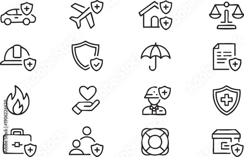 Safety coverage linear symbols set for finance and healthcare design