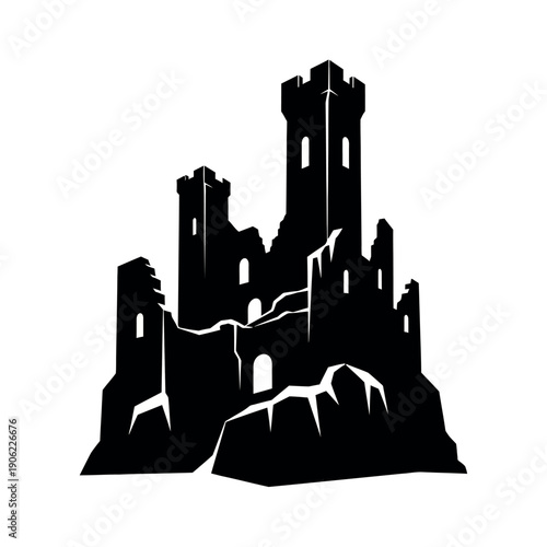 Ancient Castle Ruins Silhouette on White Background.