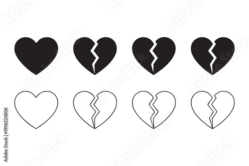 Love breakup linear icons for dating and divorce concepts