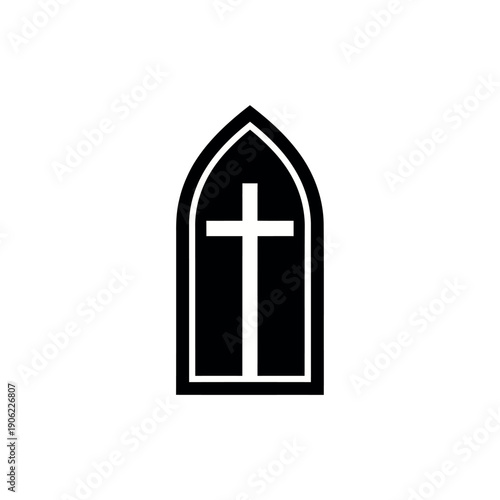 Christian Cross in Gothic Arch Window Silhouette.