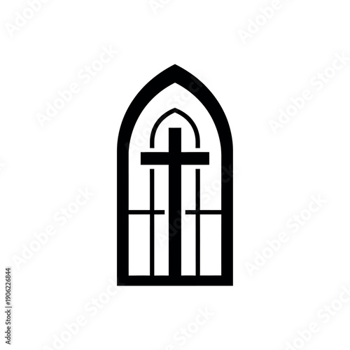 Church Window with Cross Silhouette Vector Illustration.