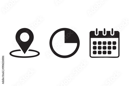 Time management solid symbols set with location and date