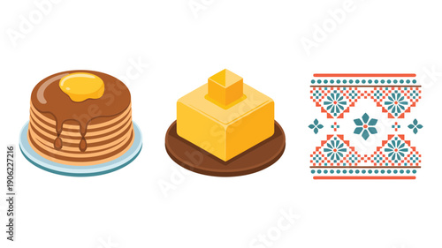 Pancake stack vector icons with butter cube, honey jar, sweet topping, folk embroidery pattern, rustic kitchen, bakery breakfast design