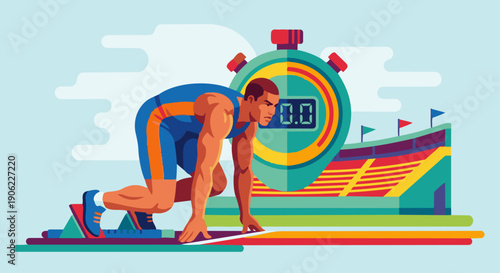 Athlete Starting from Blocks
Flat vector illustration of a track athlete crouched in starting blocks at the starting line. Focused expression, stopwatch and stadium elements in background. Flat vector