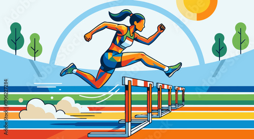 Hurdle Runner Jumping

Flat vector illustration of a track athlete jumping over hurdles. Strong athletic posture, hurdle obstacles aligned on track. Flat vector style with clean shapes and motion.