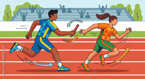 Relay Baton Exchange

Flat vector illustration of two relay athletes passing a baton during a relay race. One runner reaching back, one runner accelerating forward. Track lanes visible. 