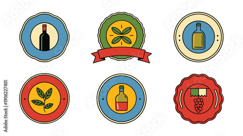 Wine label icon collection featuring bottle emblem, grape leaf, ribbon seal, vintage badge, circular stamps for winery branding or event invites