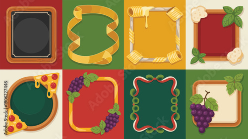 Gourmet food festival frames, rustic label badges with fruit icons, grape cluster borders, farmers market signage, culinary event invitation vector